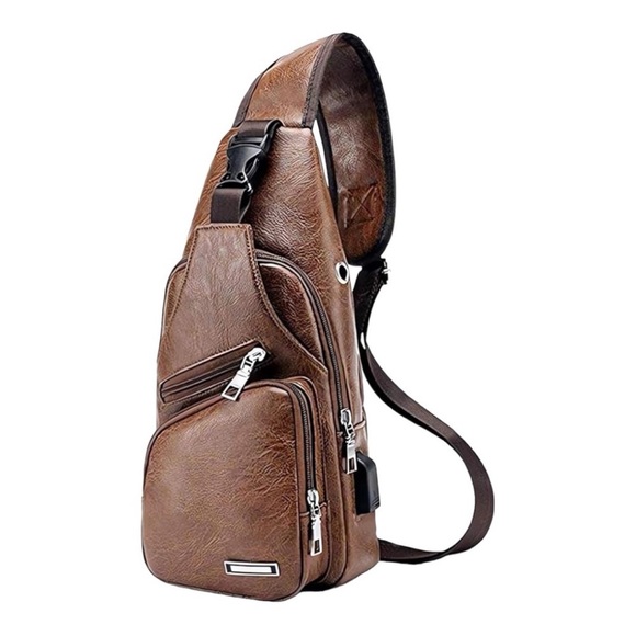 Men's Leather Sling Bag Messenger Bag Chest Crossbody Shoulder Bag Small - Picture 7 of 7